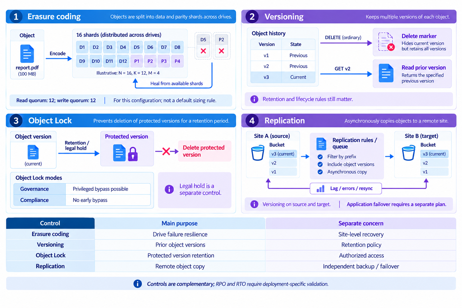 Four complementary layers of data protection — Erasure coding · Versioning · Object lock · Replication