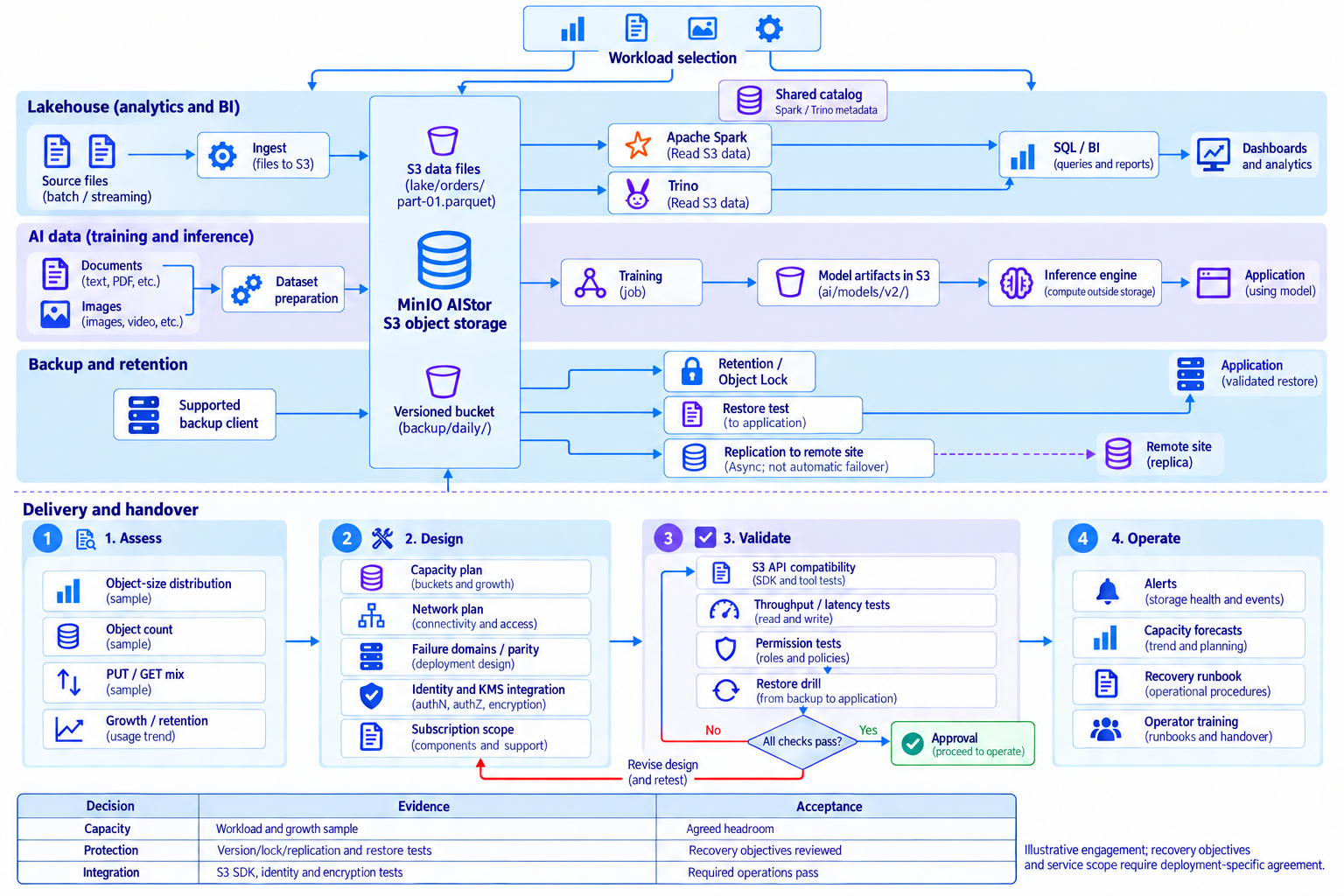MinIO — Detailed product and adoption workflow showing requirements, product selection, validation evidence, operating handover and acceptance criteria.